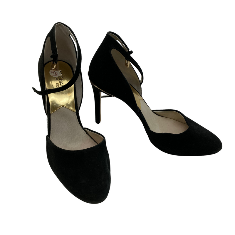 Load image into Gallery viewer, Michael Kors Black High Heels with Closed Toe are elegant black high heels with a classic design. They feature a closed, rounded toe and an adjustable ankle strap with a buckle for added comfort and support.
