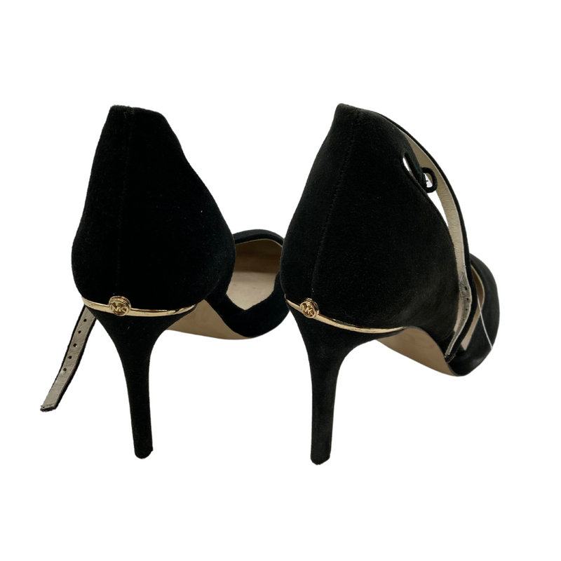 Load image into Gallery viewer, Michael Kors Black High Heels with Closed Toe are elegant black high heels with a classic design. They feature a closed, rounded toe and an adjustable ankle strap with a buckle for added comfort and support.
