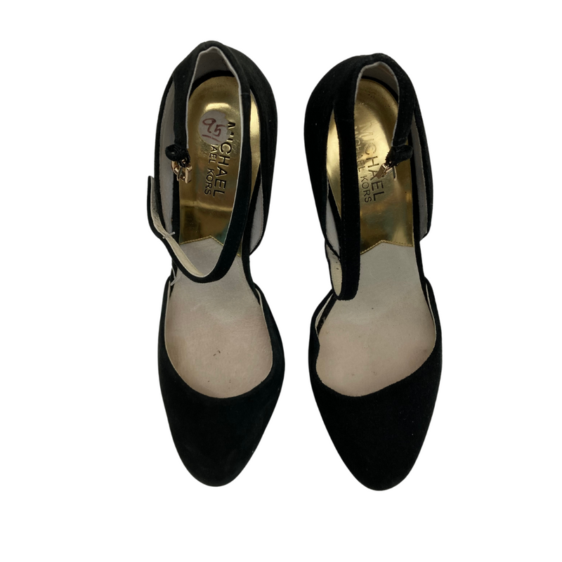 Load image into Gallery viewer, Michael Kors Black High Heels with Closed Toe are elegant black high heels with a classic design. They feature a closed, rounded toe and an adjustable ankle strap with a buckle for added comfort and support.
