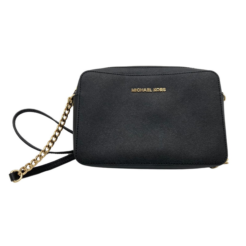 Load image into Gallery viewer, Michael Kors Small Black Shoulder Bag is made from durable Saffiano leather. It features the signature &quot;Michael Kors&quot; logo in gold-tone lettering on the front, adding a sleek and sophisticated touch
