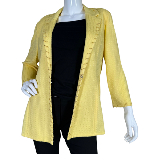 cheerful Misook Stylish Yellow Textured Blazer Jacket, crafted from a textured fabric that adds dimension and interest