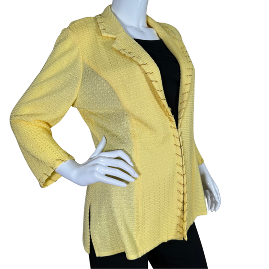 cheerful Misook Stylish Yellow Textured Blazer Jacket, crafted from a textured fabric that adds dimension and interest