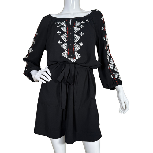 thrifted Nanette Lepore Black Dress with Decorative Embroidery features a relaxed, breezy fit with long sleeves and a cinched waist