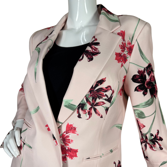 thrifted Nine West Cute Pink Floral Blazer adorned with bold floral prints in red, burgundy, and green hues
