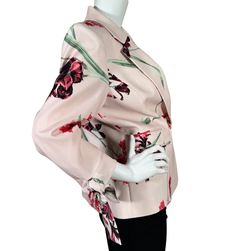 Load image into Gallery viewer, thrifted Nine West Cute Pink Floral Blazer adorned with bold floral prints in red, burgundy, and green hues
