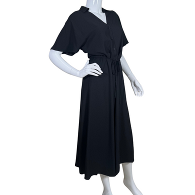 thrifted Nordstorm Black Elegant Causal Button Up Dress features a flattering button-down front with a V-neckline and short flutter sleeves, creating a chic and comfortable silhouette