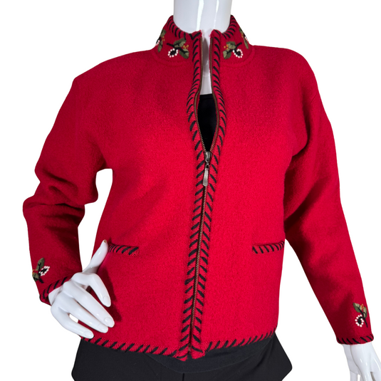 Norm Thompson Red Wool Embroidered Jacket, featuring lovely embroidered floral details on the collar and cuffs