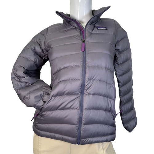 Patagonia Kids Size Smokey Violet Jacket is a lightweight, gray puffer jacket with a quilted design - front view