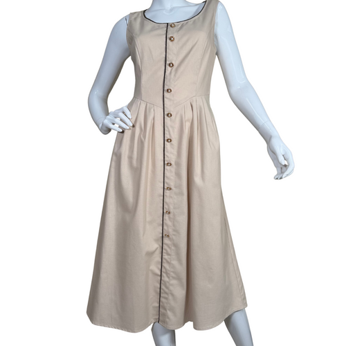 stylish and feminine pre-loved Rihoas Cream Linen Dress with Decorative Buttons in a warm beige tone, this piece features a fitted bodice and a full midi skirt