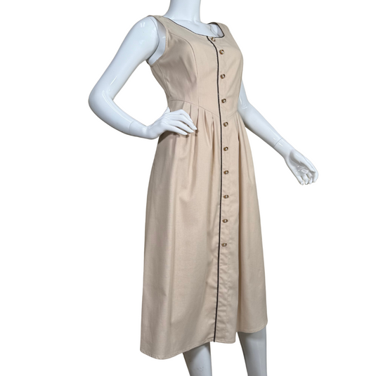 stylish and feminine pre-loved Rihoas Cream Linen Dress with Decorative Buttons in a warm beige tone, this piece features a fitted bodice and a full midi skirt
