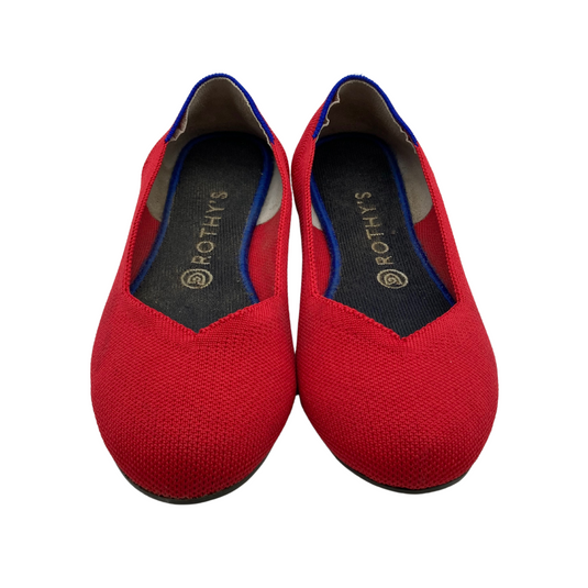 Rothy's Red Flats in a vibrant red color, are made from sustainable, eco-friendly materials