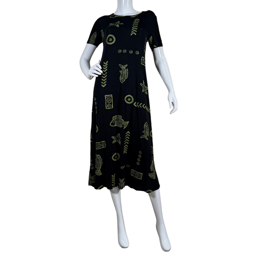 pre-loved Royal Creations Black Polynesian Dress with Green Elements features a unique green tribal-inspired print with artistic motifs, including fish and abstract patterns, adding a touch of bohemian charm