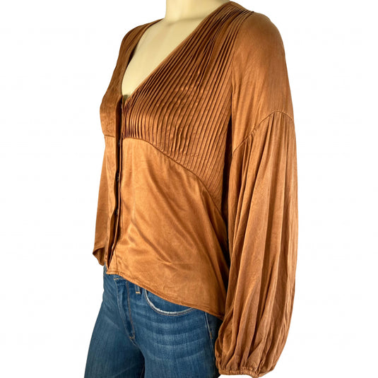 Sancia Brown Blouse side view on model
