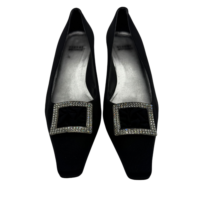 Load image into Gallery viewer, Stuart Weitzman Black Satin Heels with Decorative Buckle
