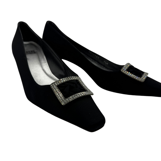 Stuart Weitzman Black Satin Heels with Decorative Buckle
