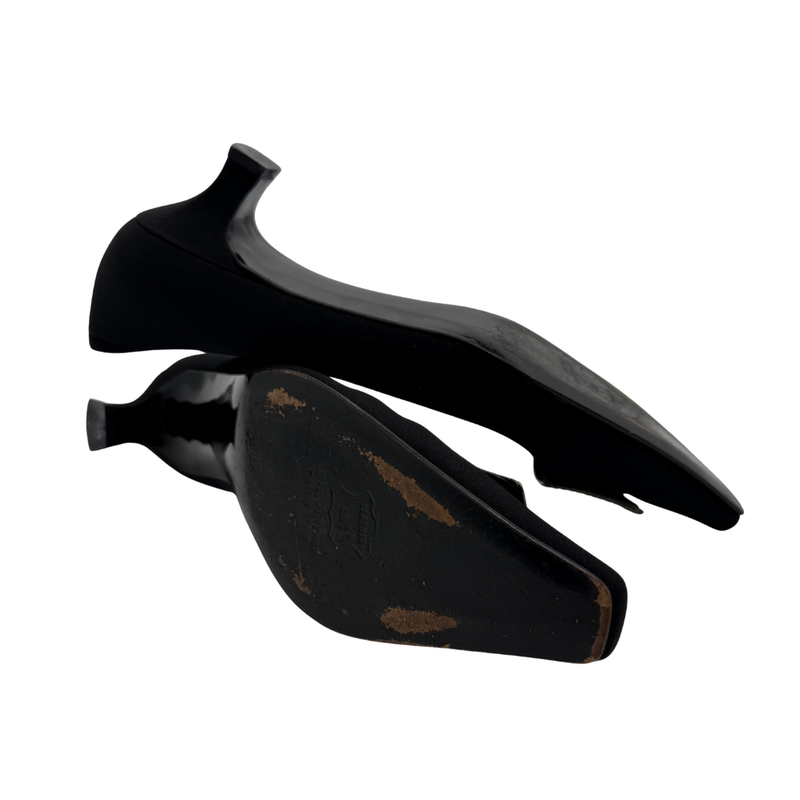 Load image into Gallery viewer, Stuart Weitzman Black Satin Heels with Decorative Buckle
