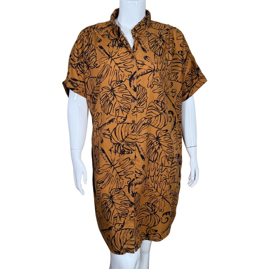 short-sleeved pre-loved Tanoa Brown Button-Up Shirt Dress with Leaf Pattern features an all-over black tropical leaf print on a rich brown background