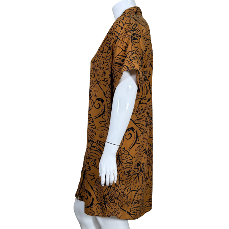 Load image into Gallery viewer, short-sleeved pre-loved Tanoa Brown Button-Up Shirt Dress with Leaf Pattern features an all-over black tropical leaf print on a rich brown background
