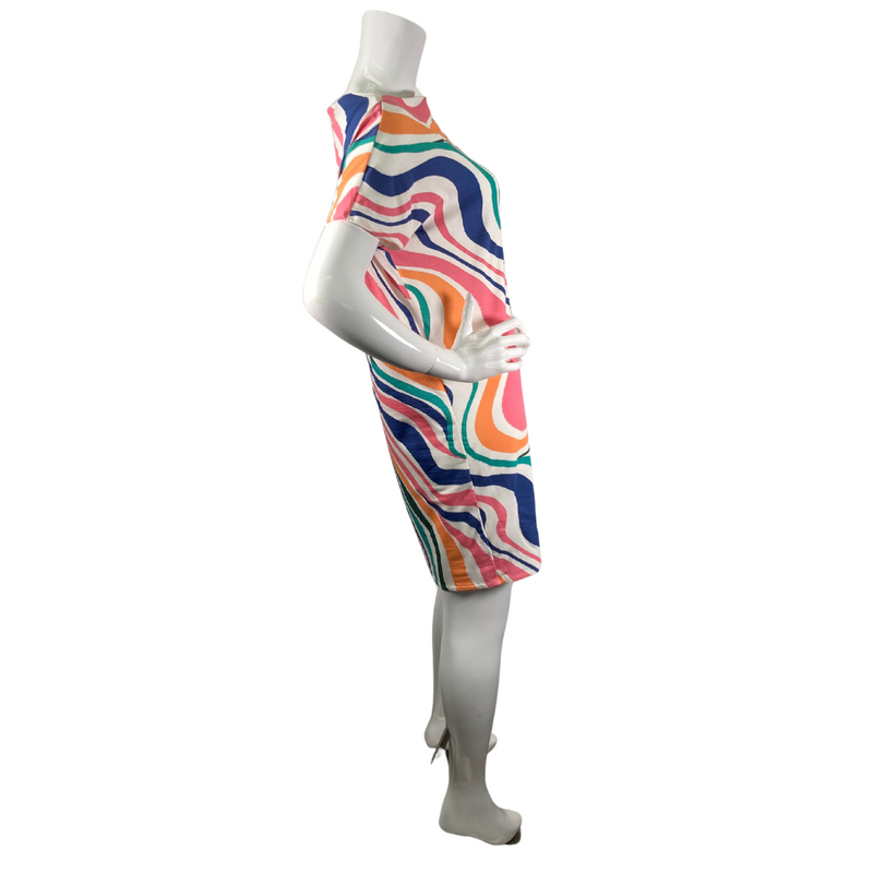 Load image into Gallery viewer, This pre-loved Ten Tomorrow Brooke - Retro Rainbow Dress is a short-sleeved, knee-length casual dress featuring a bold, wavy multicolor pattern with shades of pink, orange, blue, green, and white - side view
