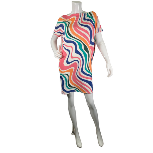 This pre-loved Ten Tomorrow Brooke - Retro Rainbow Dress is a short-sleeved, knee-length casual dress featuring a bold, wavy multicolor pattern with shades of pink, orange, blue, green, and white