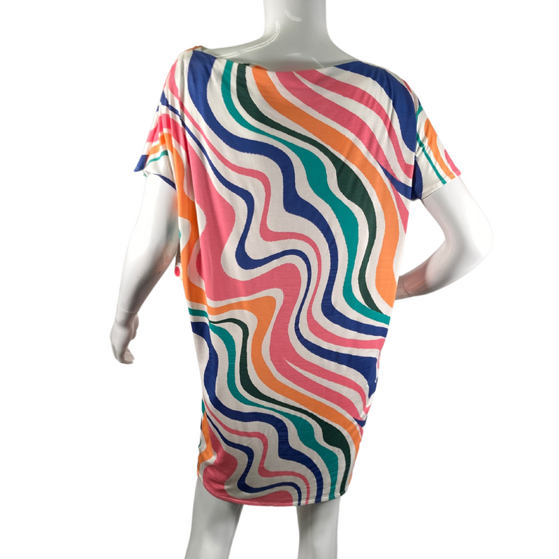 Load image into Gallery viewer, This pre-loved Ten Tomorrow Brooke - Retro Rainbow Dress is a short-sleeved, knee-length casual dress featuring a bold, wavy multicolor pattern with shades of pink, orange, blue, green, and white - backside view
