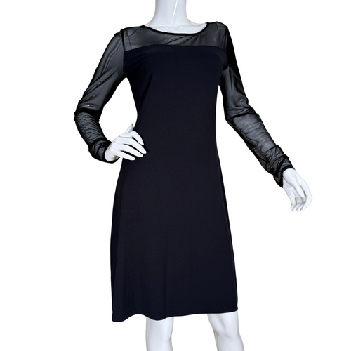 chic Tommy Bahama Black Dress with Sheer Sleeves features sheer long sleeves and a semi-sheer neckline that adds a touch of sophistication and allure