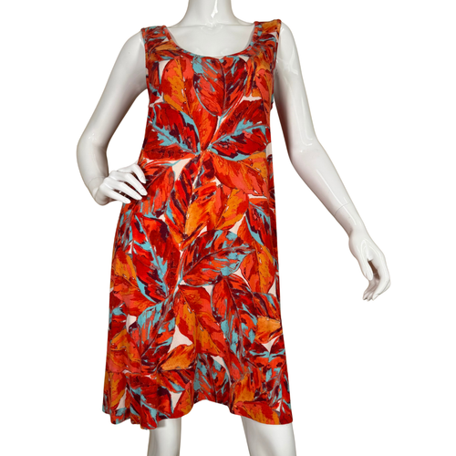 sleeveless pre-loved Tommy Bahama Colorful Red Dress with Tropical Motives featuring a bold tropical leaf print in fiery reds, oranges, and touches of teal