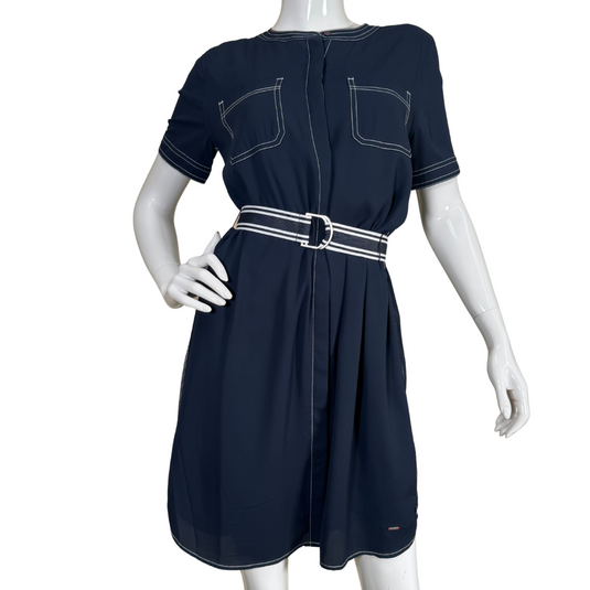 donated Tommy Hilfiger Navy Blue Dress with Waist Belt features white contrast stitching, giving it a modern, structured look