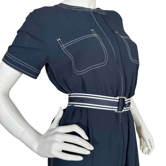 donated Tommy Hilfiger Navy Blue Dress with Waist Belt features white contrast stitching, giving it a modern, structured look