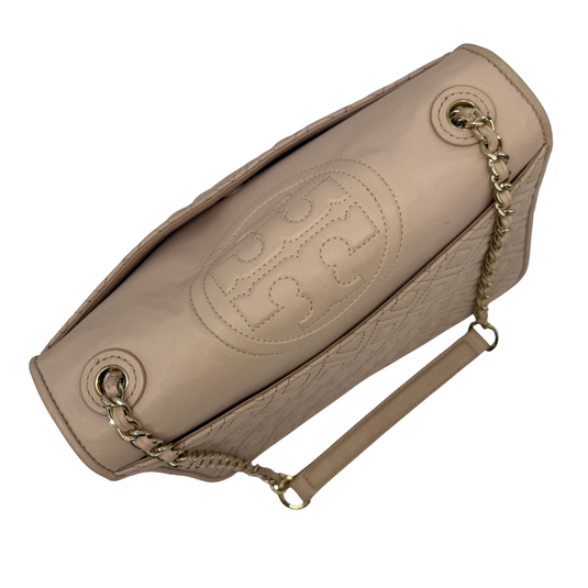 Beige handbag with gold chain strap on a white background