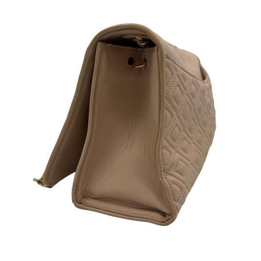 Beige handbag with quilted design on a white background