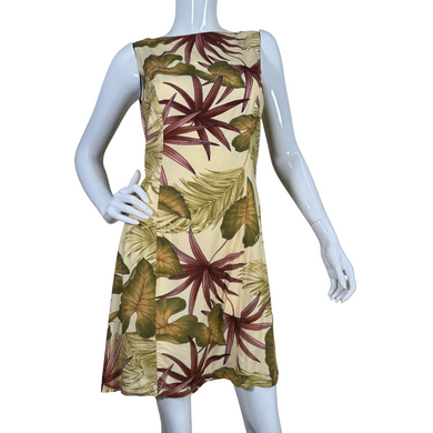 pre-loved Tori Richard Cream Dress Featuring Tropical Motives features a vibrant tropical leaf print in shades of green and deep red on a soft beige background