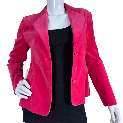 Tori Richard Hot Pink Velvety Blazer. Featuring a tailored silhouette, this statement piece includes a classic notched lapel, three fabric-covered buttons, and structured seams for a flattering fit.