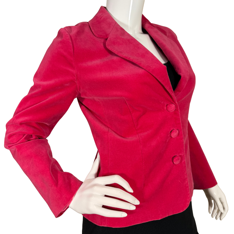 Load image into Gallery viewer, Tori Richard Hot Pink Velvety Blazer. Featuring a tailored silhouette, this statement piece includes a classic notched lapel, three fabric-covered buttons, and structured seams for a flattering fit.
