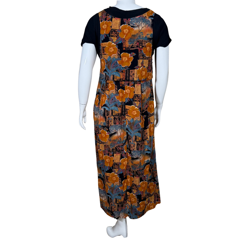 Load image into Gallery viewer, Tori Richard Maxi Polynesian Pattern Vintage Inspired Overlay Maxi Dress features a colorful floral and abstract print in warm orange, teal, and black hues
