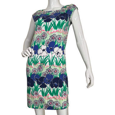  vibrant sleeveless pre-loved Tori Richard White Dress with Colorful Aligned Flower Pattern dress features a bold, eye-catching floral print 