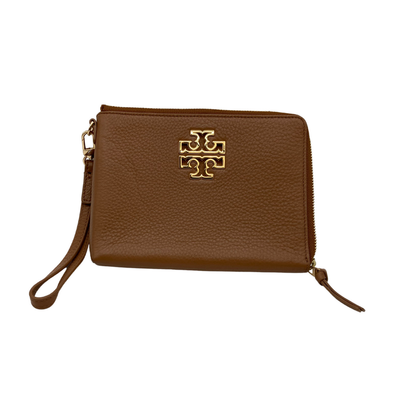 Load image into Gallery viewer, Tory Burch Rich Brown Leather Wristlet Clutch has a textured finish. It features the signature Tory Burch double-T logo in gold-tone hardware on the front, adding a touch of elegance.
