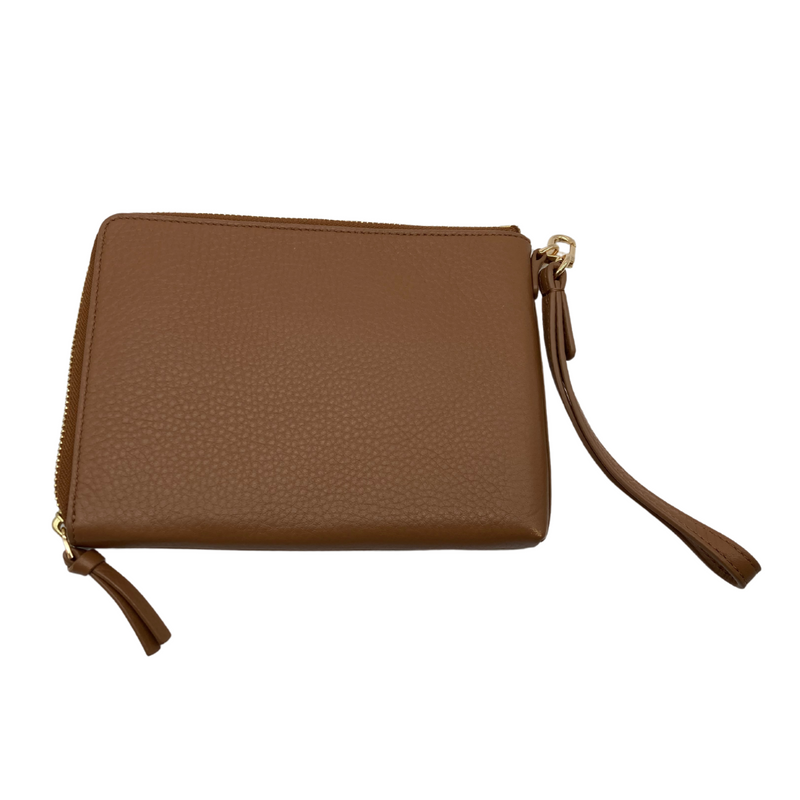 Load image into Gallery viewer, Tory Burch Rich Brown Leather Wristlet Clutch has a textured finish. It features the signature Tory Burch double-T logo in gold-tone hardware on the front, adding a touch of elegance.
