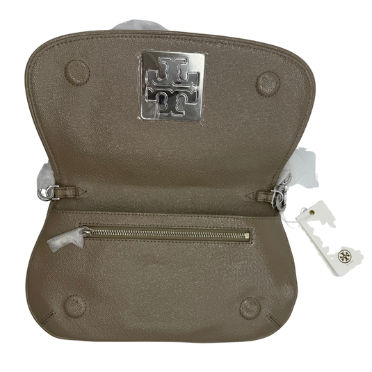 Brown handbag with a silver logo on a white background