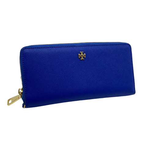 Tory Burch Bright Blue Purse in a striking cobalt blue color is made from high-quality textured leather, it features the iconic Tory Burch logo in gold-tone hardware on the front