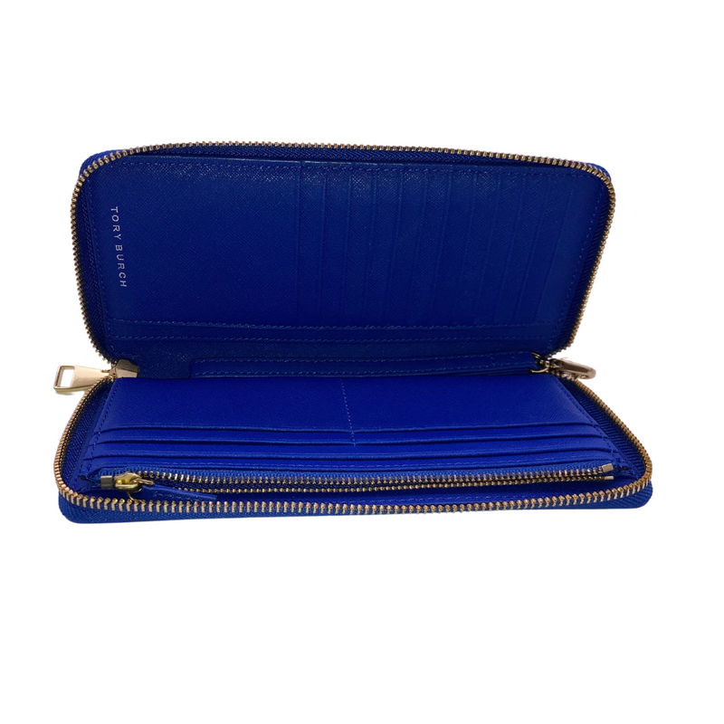 Load image into Gallery viewer, Tory Burch Bright Blue Purse in a striking cobalt blue color is made from high-quality textured leather, it features the iconic Tory Burch logo in gold-tone hardware on the front
