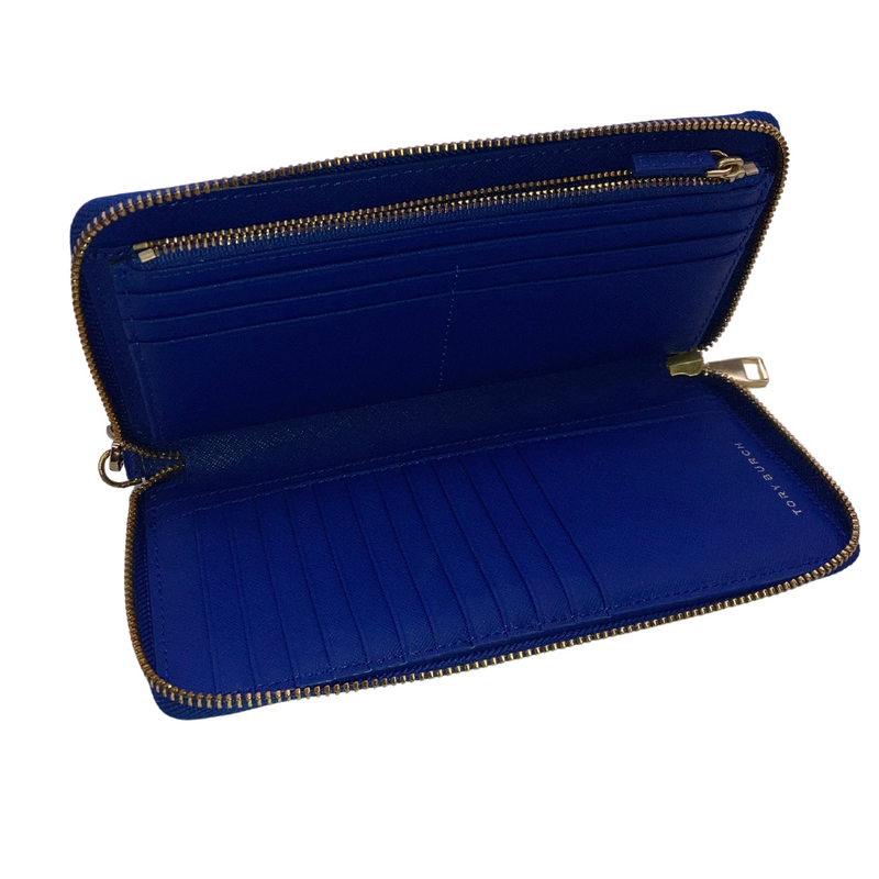 Load image into Gallery viewer, Tory Burch Bright Blue Purse in a striking cobalt blue color is made from high-quality textured leather, it features the iconic Tory Burch logo in gold-tone hardware on the front
