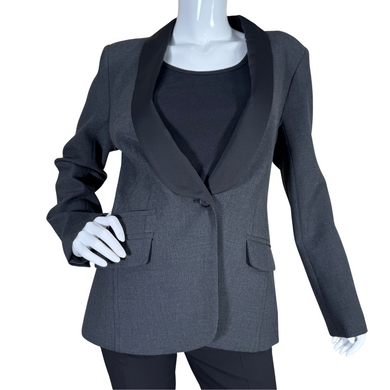 sophisticated Trina Turk Elegant Gray Blazer with Black Satin Lapel features a tailored fit in a sleek gray fabric, accentuated by a contrasting black satin shawl lapel