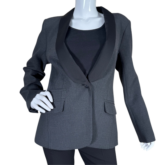 sophisticated Trina Turk Elegant Gray Blazer with Black Satin Lapel features a tailored fit in a sleek gray fabric, accentuated by a contrasting black satin shawl lapel