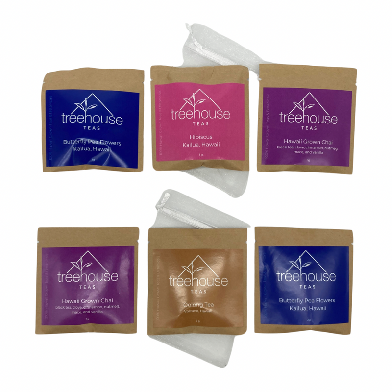 Load image into Gallery viewer, Treehouse Tea 3 pack featuring the flavors: Chai, Hibiscus, Butterfly Pea, Oolong Tea
