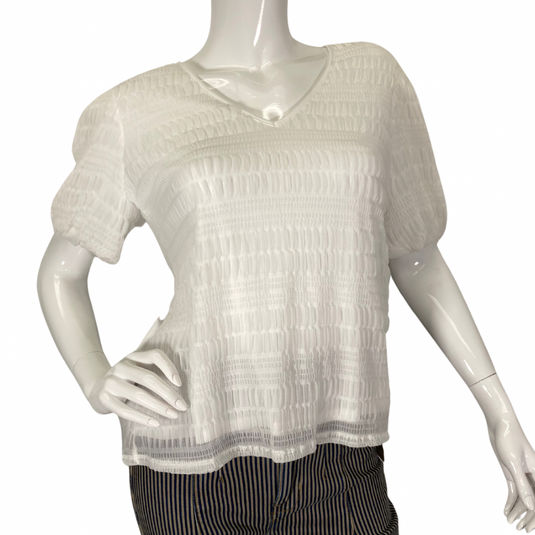 brand-new donated Vince Camuto White Blouse Top, features a textured, semi-sheer fabric with horizontal pleating front view