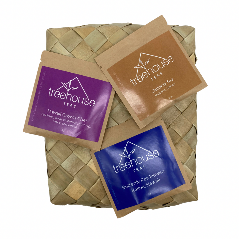 Load image into Gallery viewer, Treehouse Tea 3 pack featuring the flavors: oolong, Hibiscus, Butterfly Pea.
