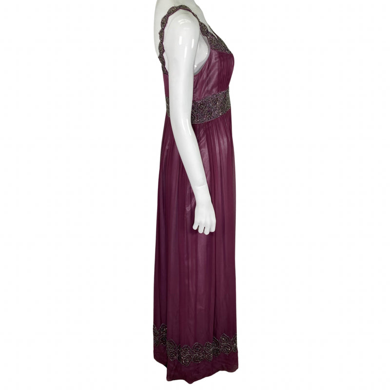 Load image into Gallery viewer, Adrianna Papell Purple Beaded Evening Gown on mannequin side view
