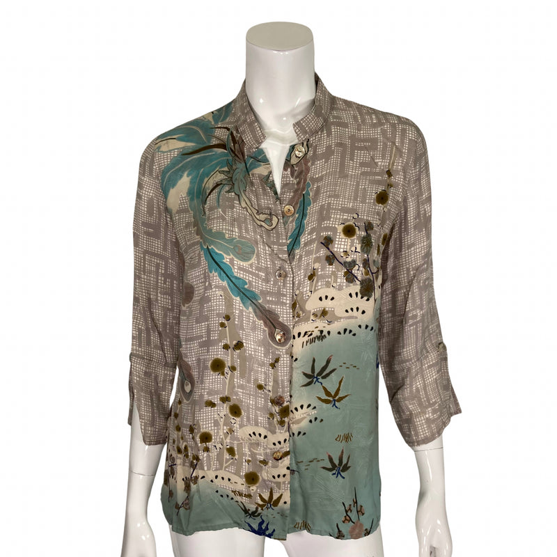 Load image into Gallery viewer, Citron Blue Feathers Silk Shirt on mannequin front view
