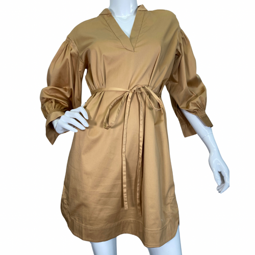 Rebecca Taylor Causal Beige Dress is a stylish, knee-length dress in a light camel or tan color front view